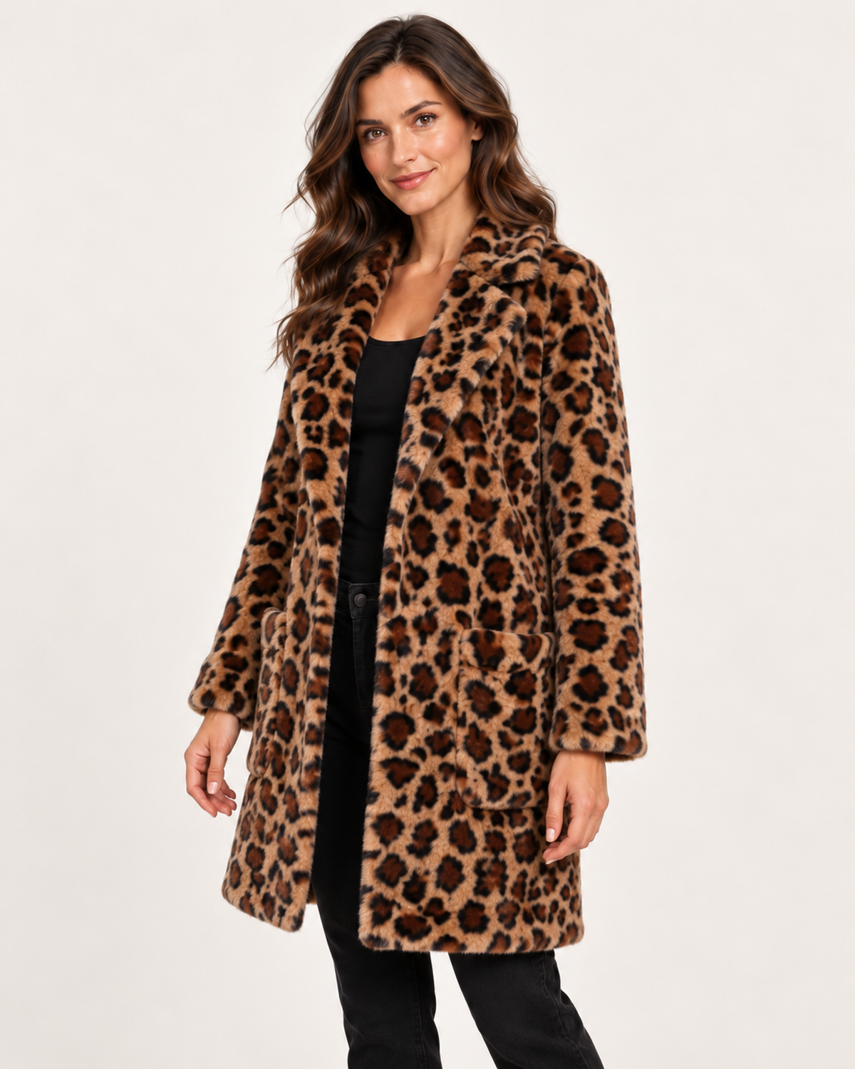 Women’s Faux Fur Coat with Leopard Print and Lapel Collar in Leopard Print, short outerwear product focus view