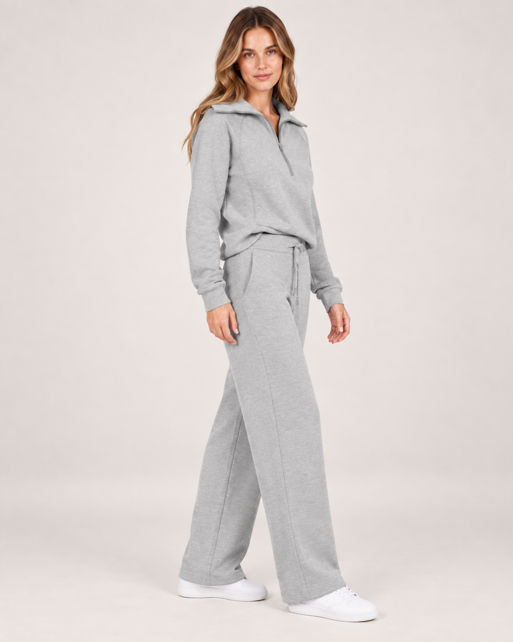 Women’s Tracksuit Set with Half-Zip Top and Wide-Leg Trousers in Light Grey, full body view