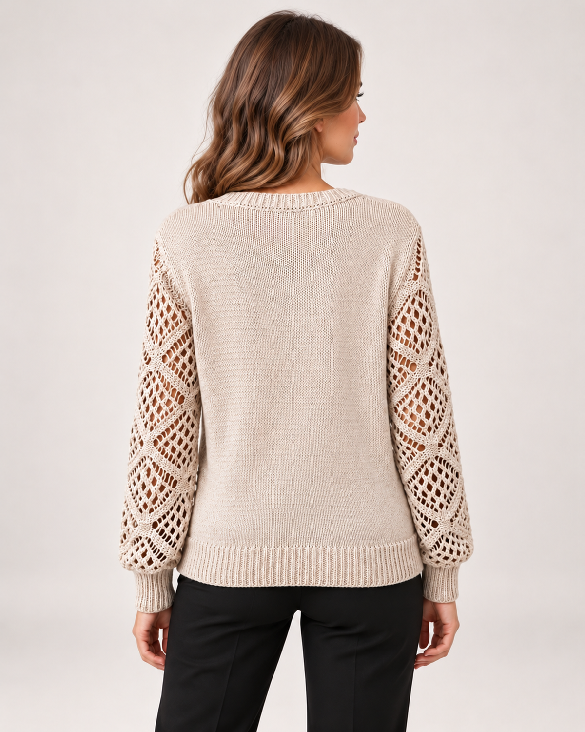Women's beige V neck jumper with openwork sleeves back view