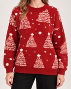 Close view of women's red Christmas jumper tree pattern and knit texture