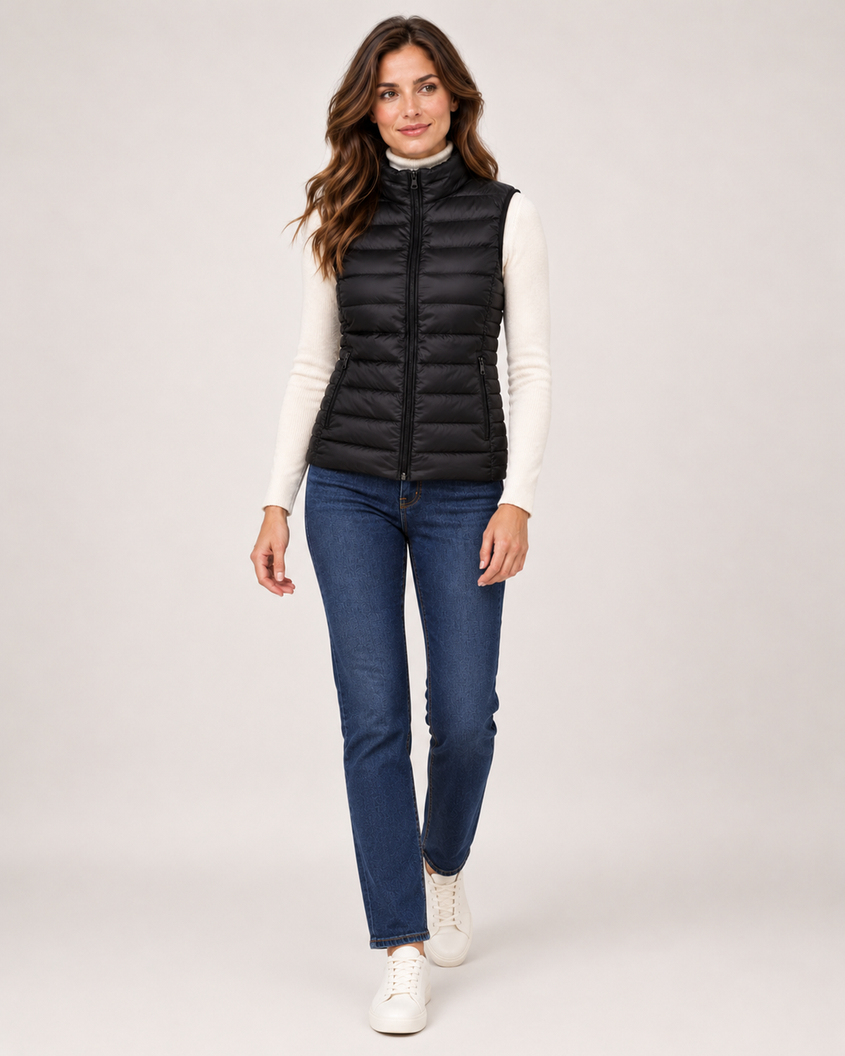 Women's black lightweight gilet full length styling view