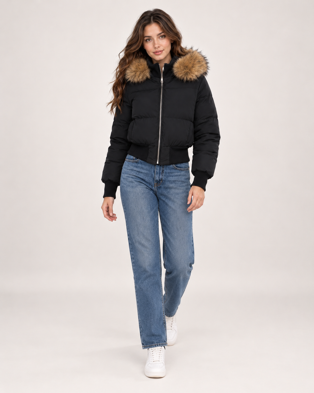 Women's black cropped puffer jacket full length styling view