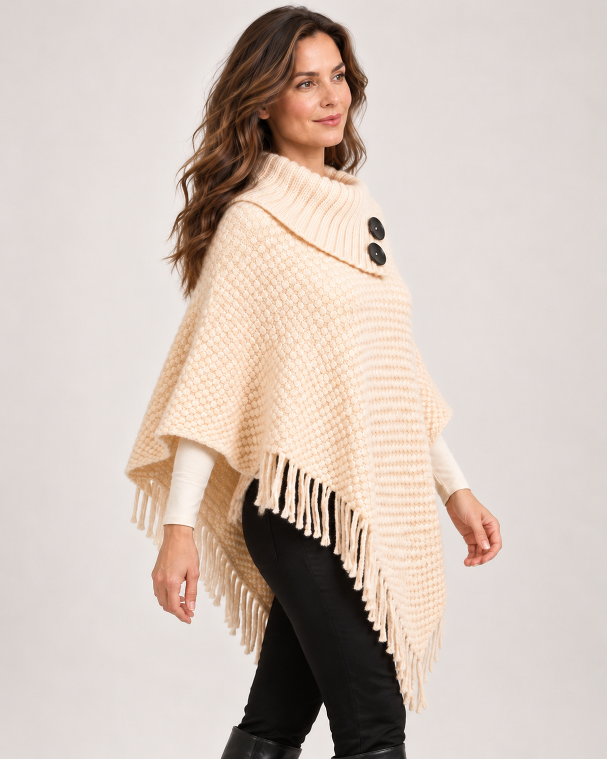 Women’s beige poncho draped side view