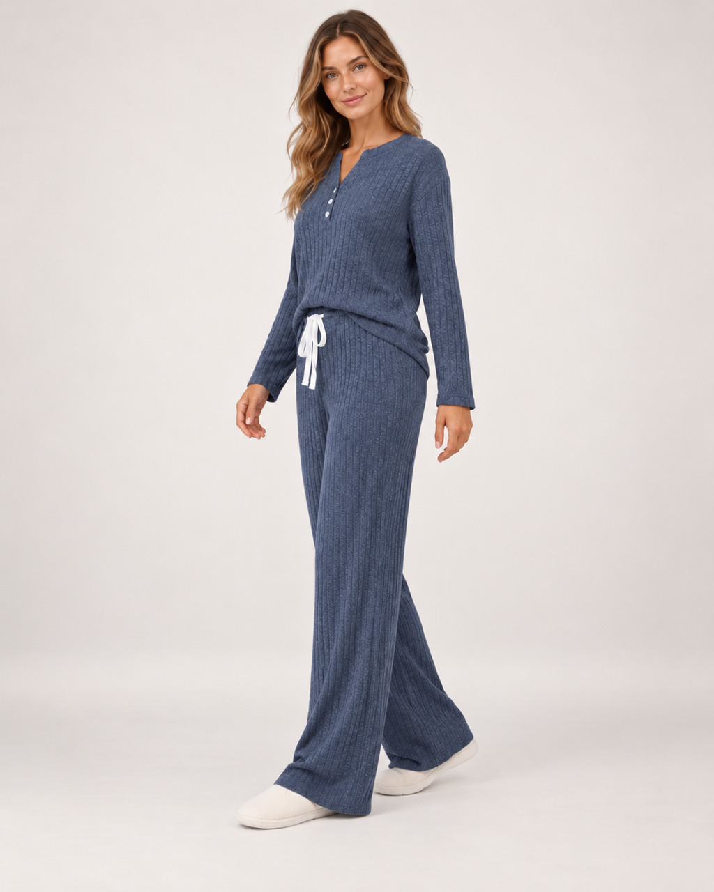 Women’s Pyjama Set with Ribbed Finish and Wide-Leg Trousers in Navy Blue, full body view
