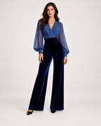 Women’s Wide Leg Jumpsuit with V Neck and Sheer Sleeves in Navy Blue, full body view