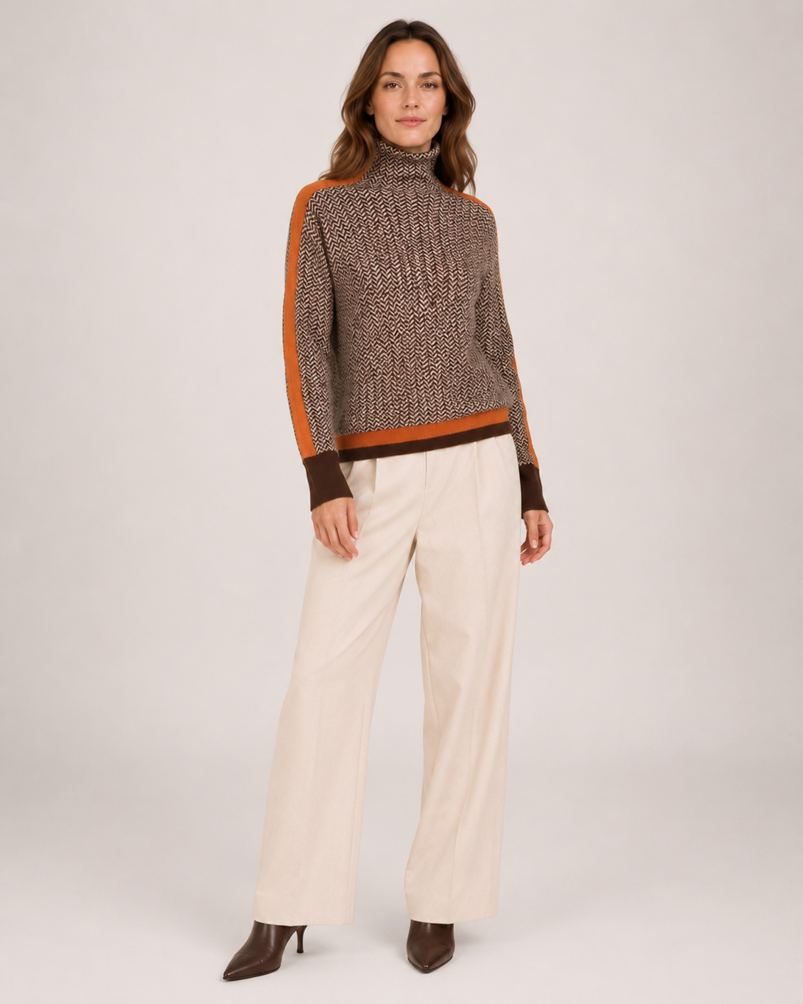 Women’s Roll Neck Jumper with Contrast Sleeves in Orange, three quarter body view
