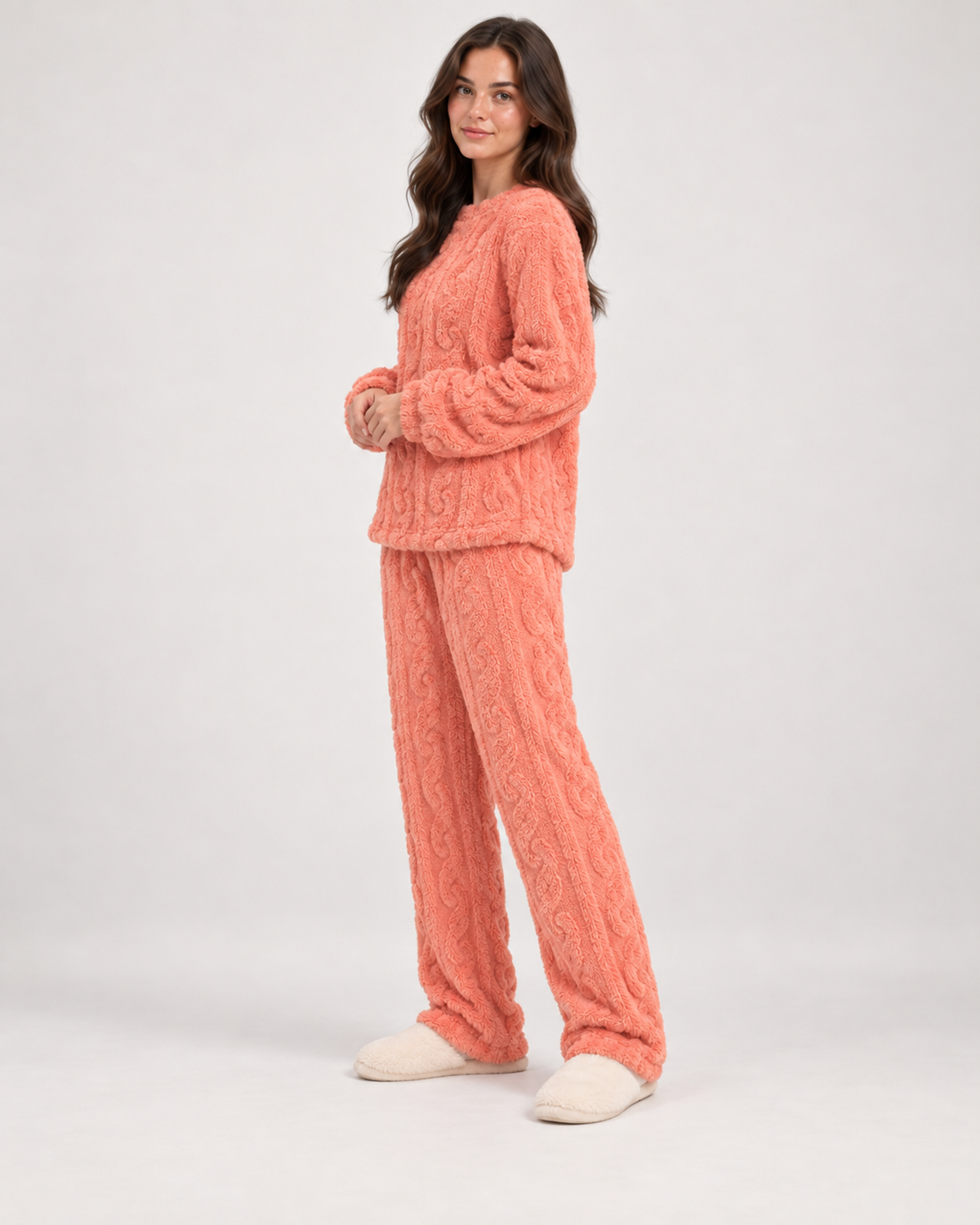 Women’s Fleece Pyjamas with Cable Pattern in Pink, lower body product focus view