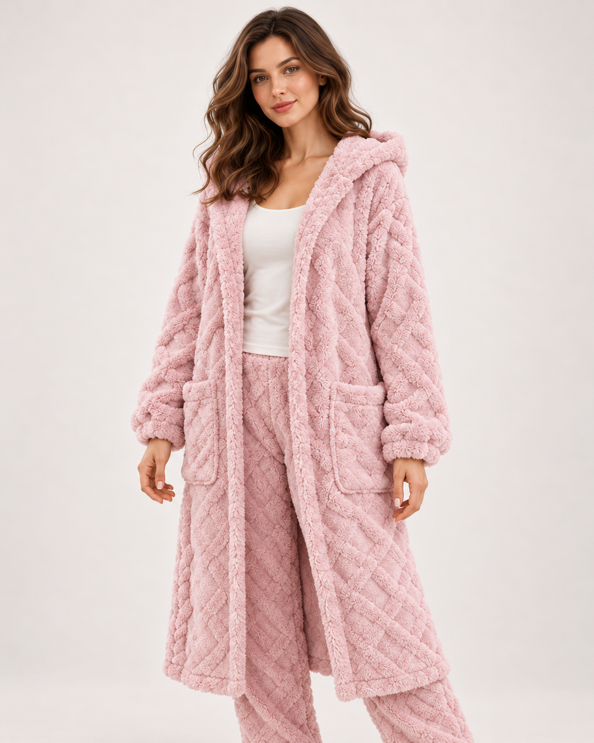 Women’s Pyjama Set with Long Hooded Robe and Trousers in Pink, full body view