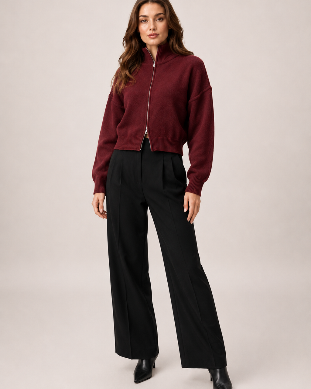 Women’s Zip Up Cardigan with Funnel Neck in Red, three quarter body view