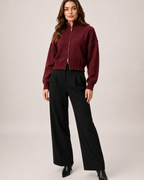 Women’s Zip Up Cardigan with Funnel Neck in Red, three quarter body view