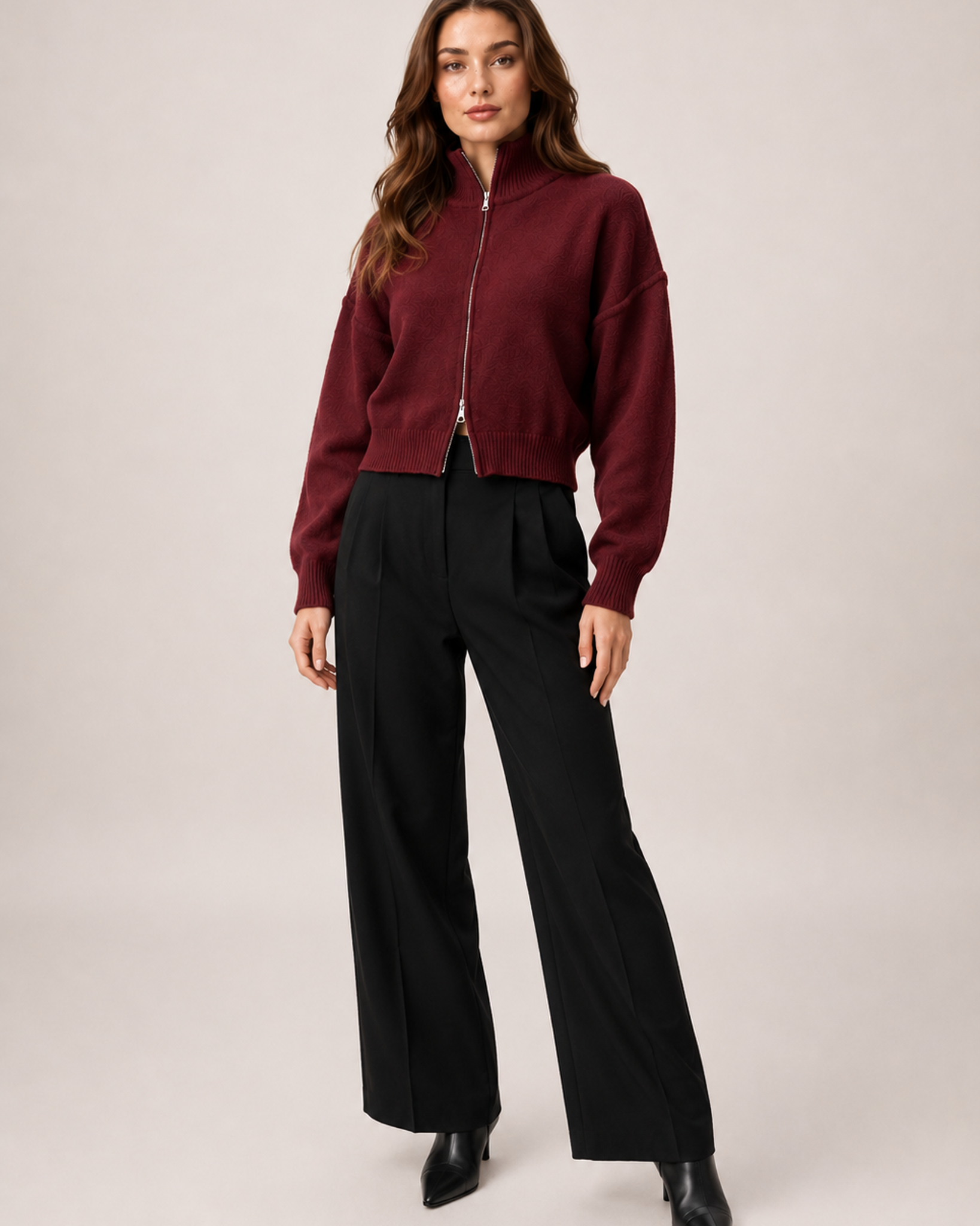 Women’s Zip Up Cardigan with Funnel Neck in Red, three quarter body view