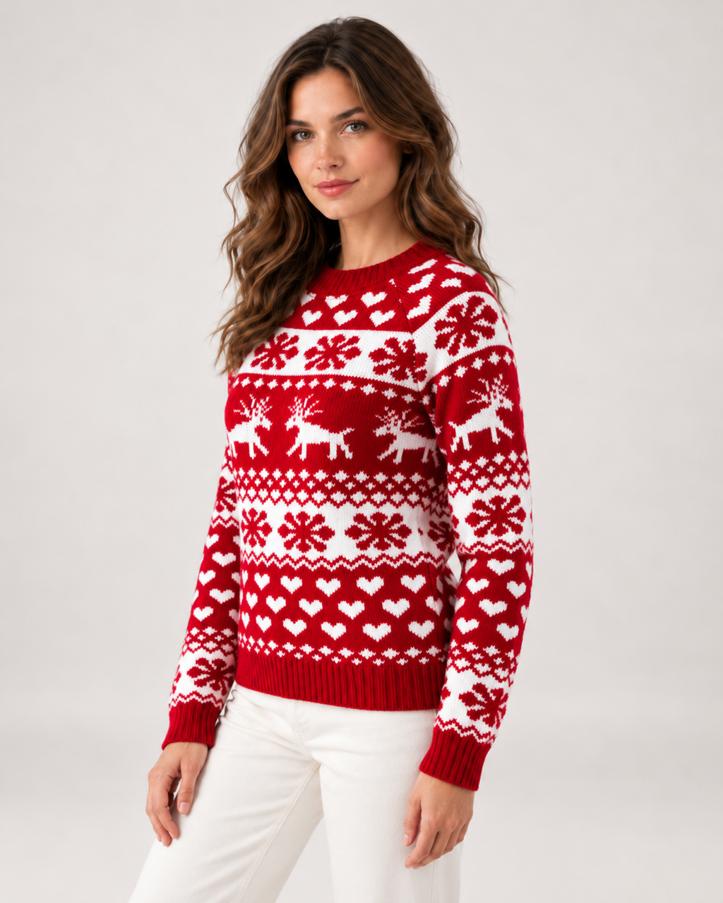 Women’s Christmas Jumper with Reindeer Pattern in Red, upper body product focus view