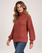 Women’s Cable Knit Jumper with Roll Neck and Balloon Sleeves in Red, upper body product focus view