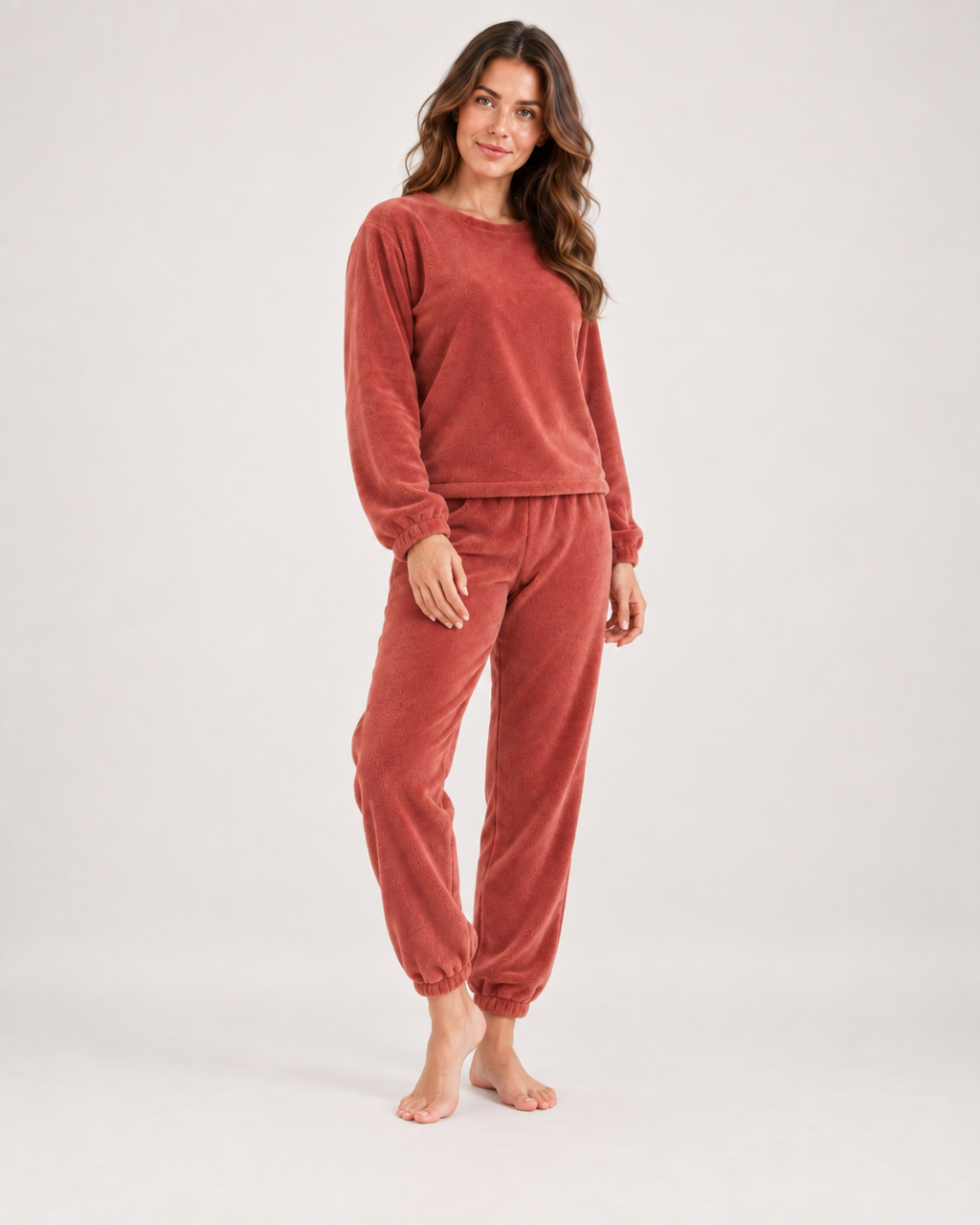 Women’s Fleece Loungewear Set with Crew Neck and Joggers in Red, full body view
