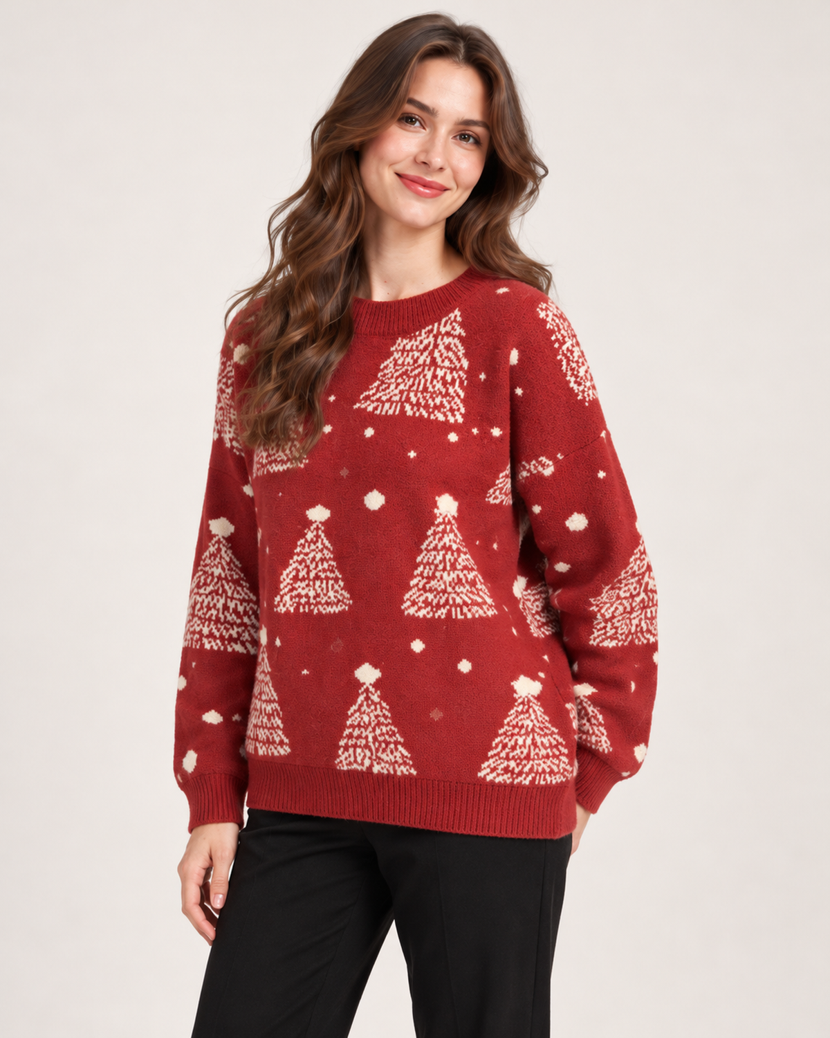 Women’s Christmas Jumper with Christmas Tree Pattern in Red, upper body product focus view