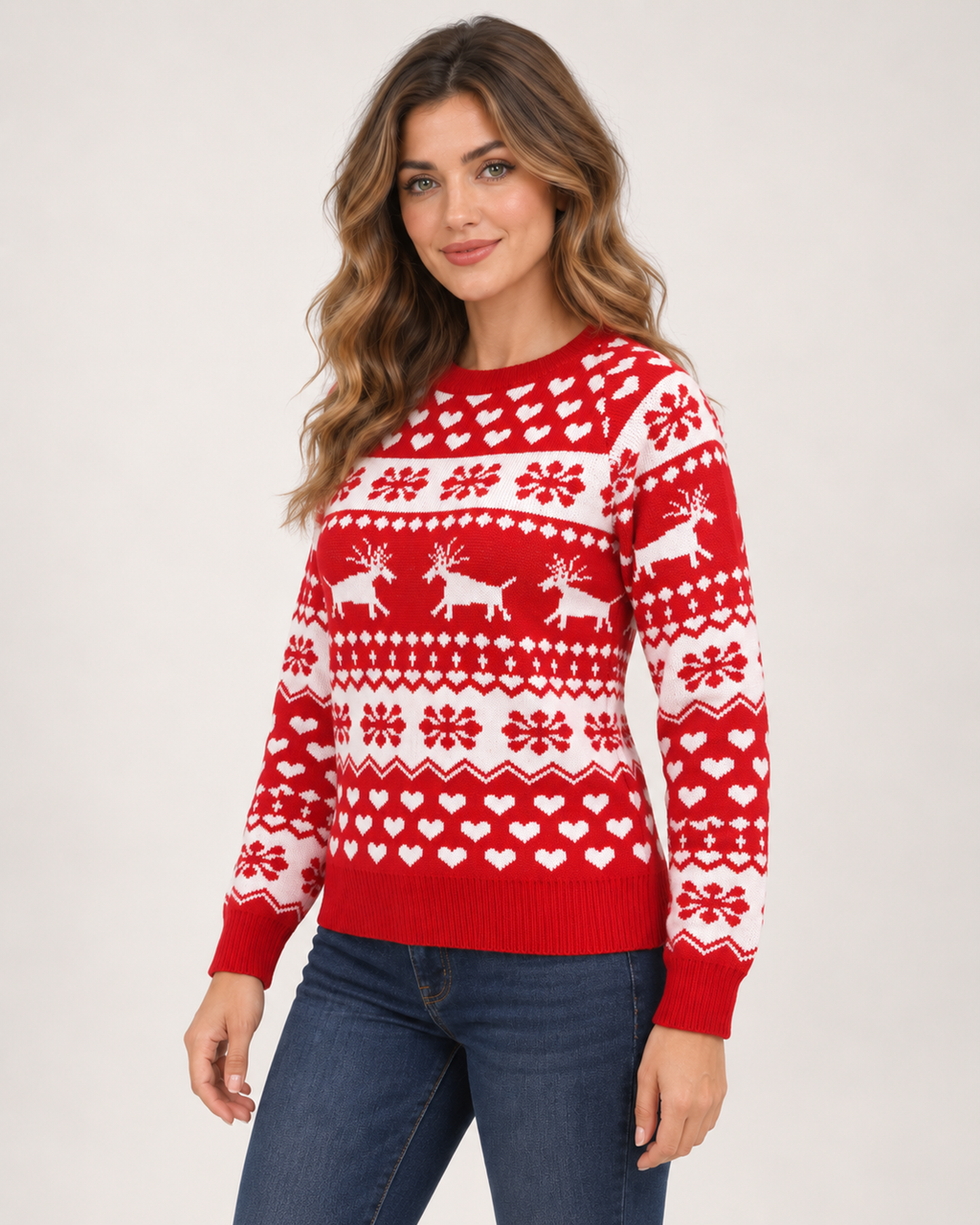 Women’s Christmas Jumper with Reindeer and Heart Pattern in Red, upper body product focus view