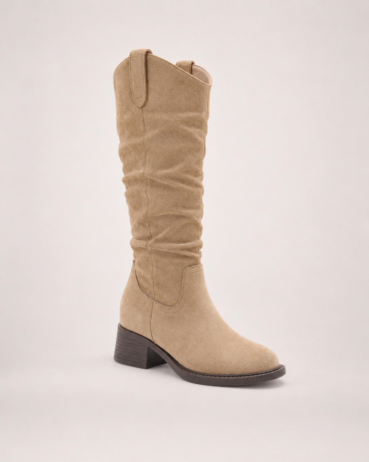 Women’s Knee High Boots with Round Toe and Chunky Heel in Beige, single boot complementary angle view