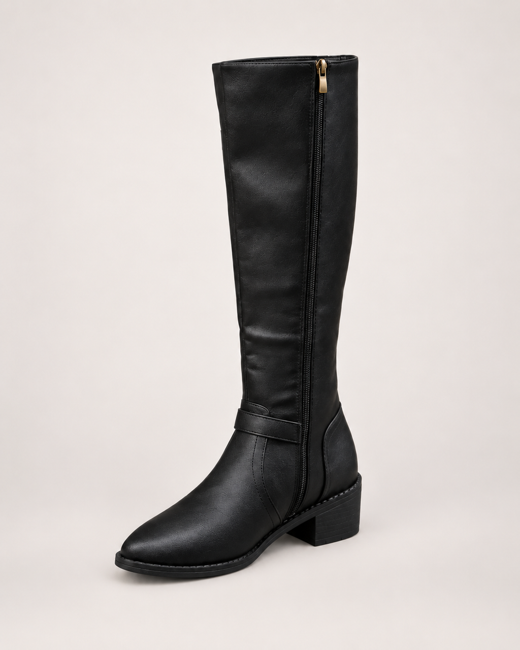 Women’s Knee High Boots with Riding Shape and Buckle Detail in Black, single boot complementary angle view