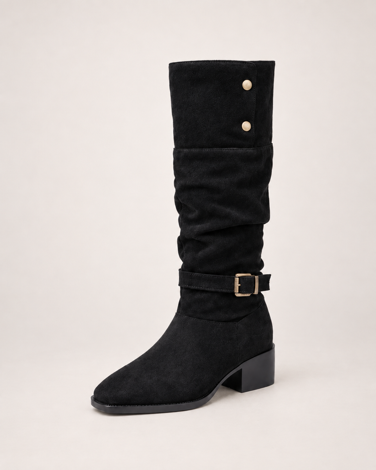 Women’s Knee High Boots with Slouch Shaft and Block Heel in Black, single boot complementary angle view