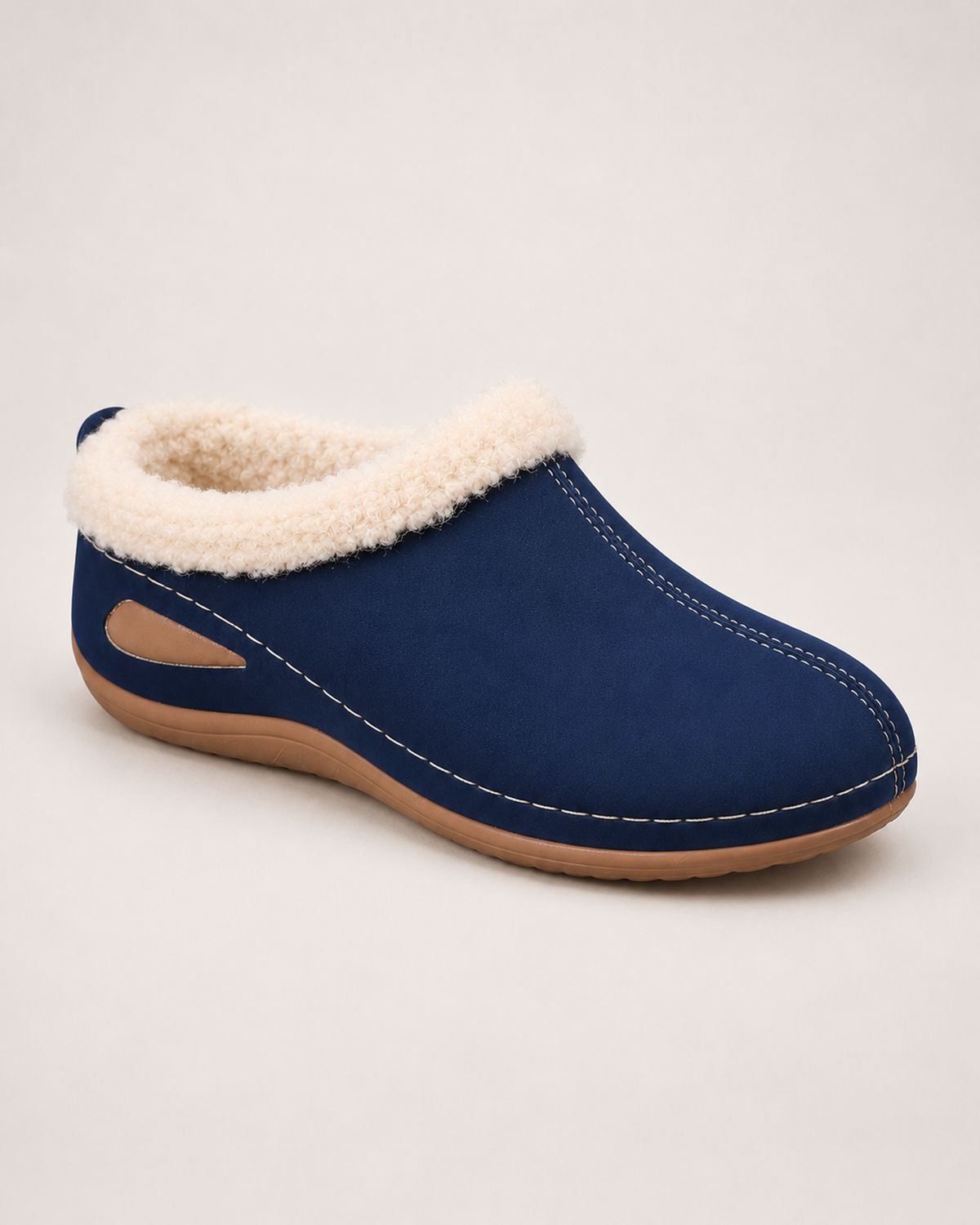 Women’s Slipper Clogs with Plush Lining and Wedge Sole in Navy Blue, single boot complementary angle view