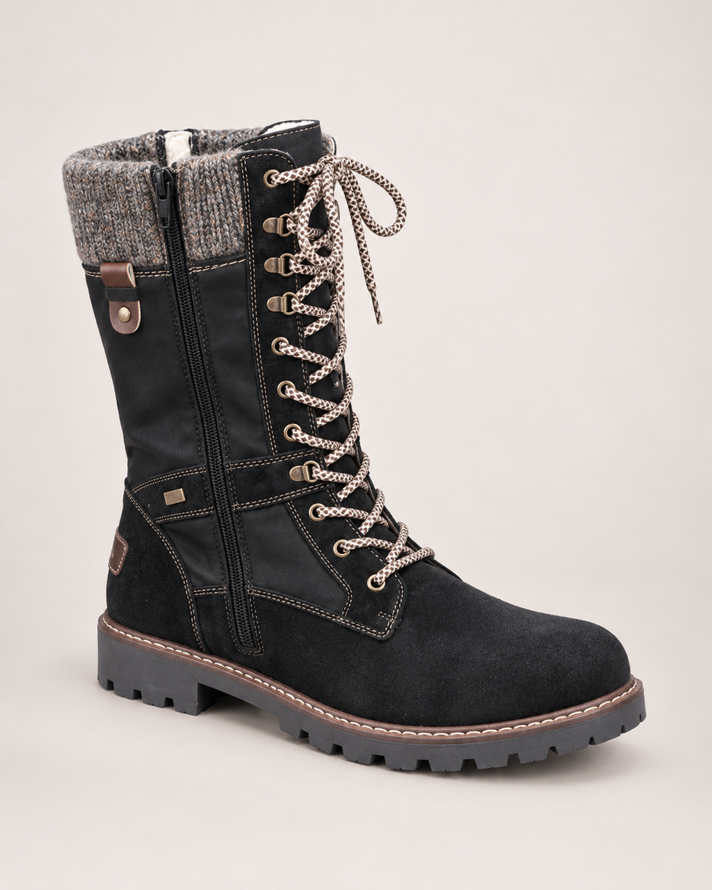 Women’s Lace Up Boots with Knitted Cuff in Black, single boot complementary angle view