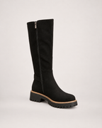 Women’s Black Knee High Boots with Chunky Sole and Buckle Detail in Black, single boot complementary angle view