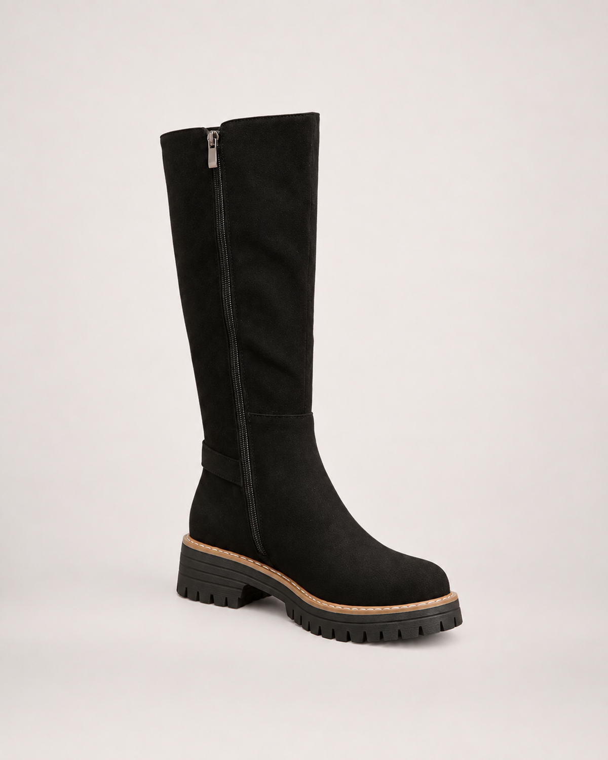 Women’s Black Knee High Boots with Chunky Sole and Buckle Detail in Black, single boot complementary angle view