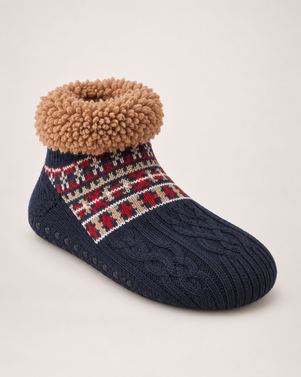 Women’s Slipper Socks with Fair Isle Pattern in Navy Blue, single boot complementary angle view