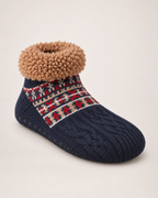 Women’s Slipper Socks with Fair Isle Pattern in Navy Blue, single boot complementary angle view