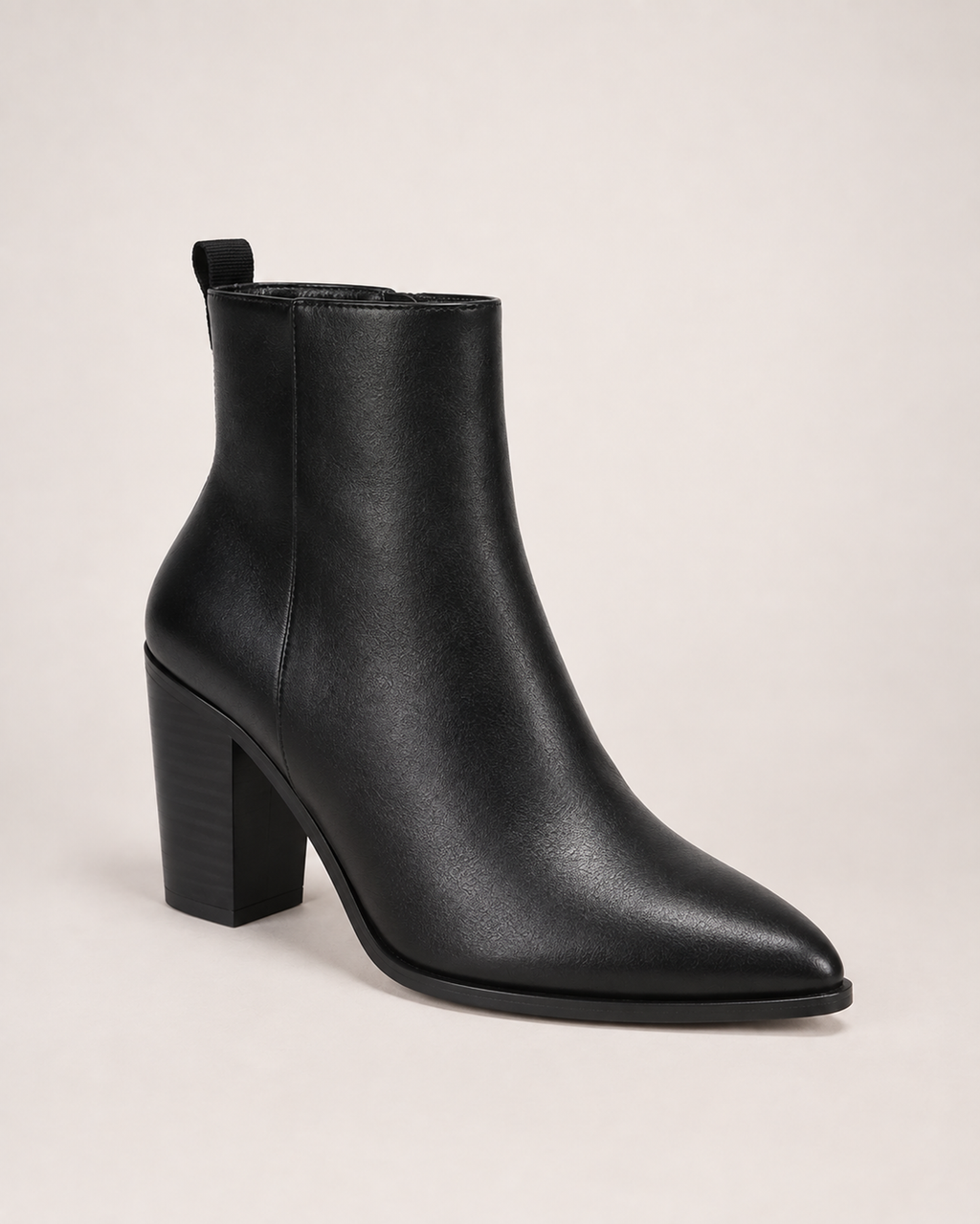 Women’s Heeled Ankle Boots with Side Zip in Black, single boot complementary angle view