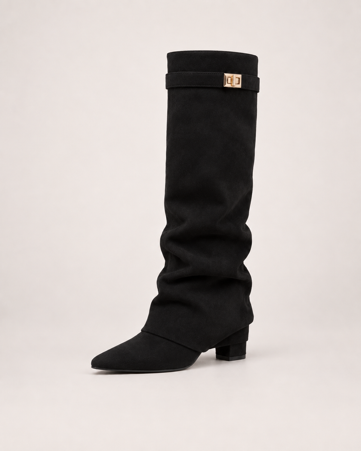 Women’s Knee High Boots with Pointed Toe and Metal Buckle in Black, single boot complementary angle view