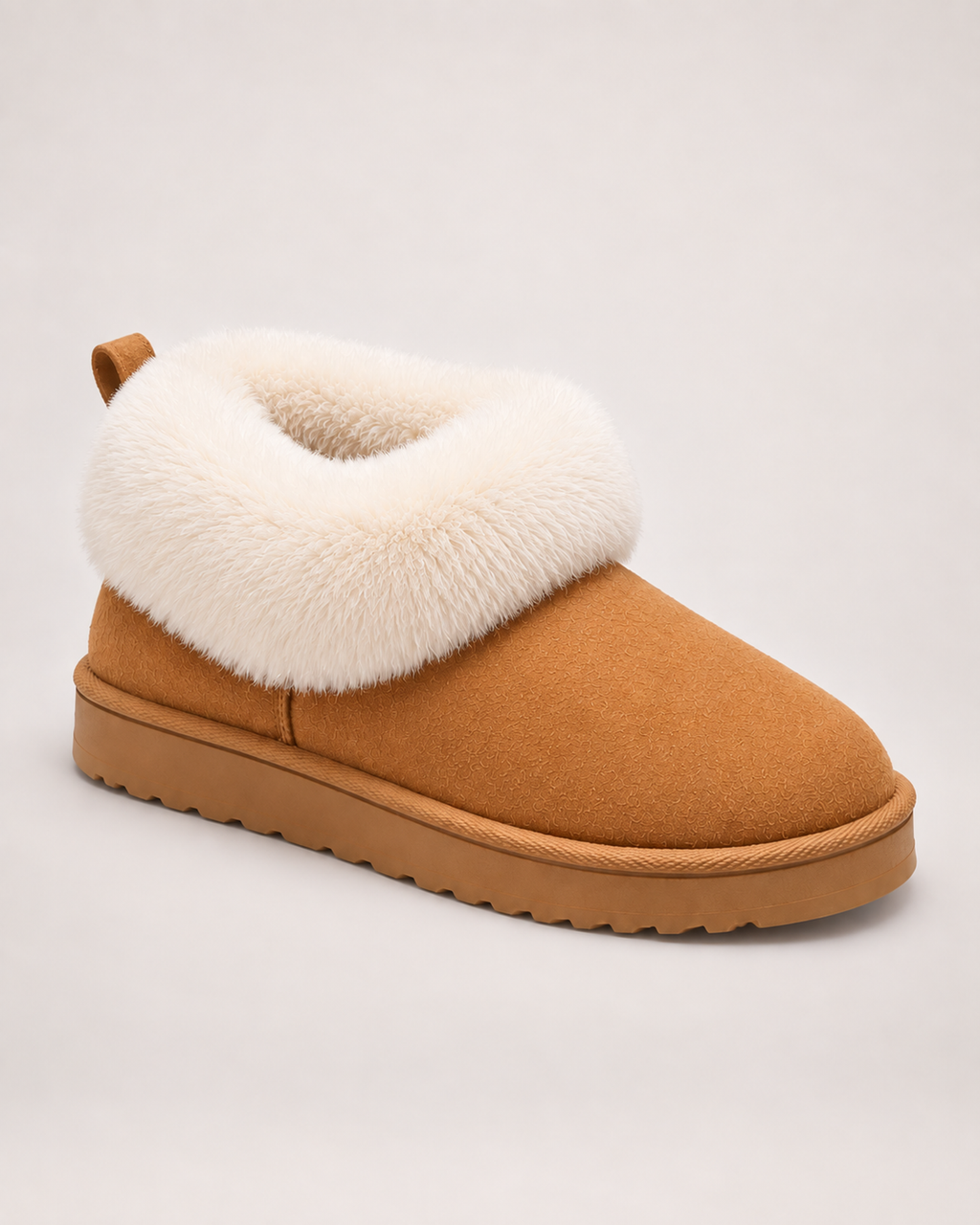 Women’s Slipper Boots with Fluffy Cuff and Platform Sole in Camel, single boot complementary angle view