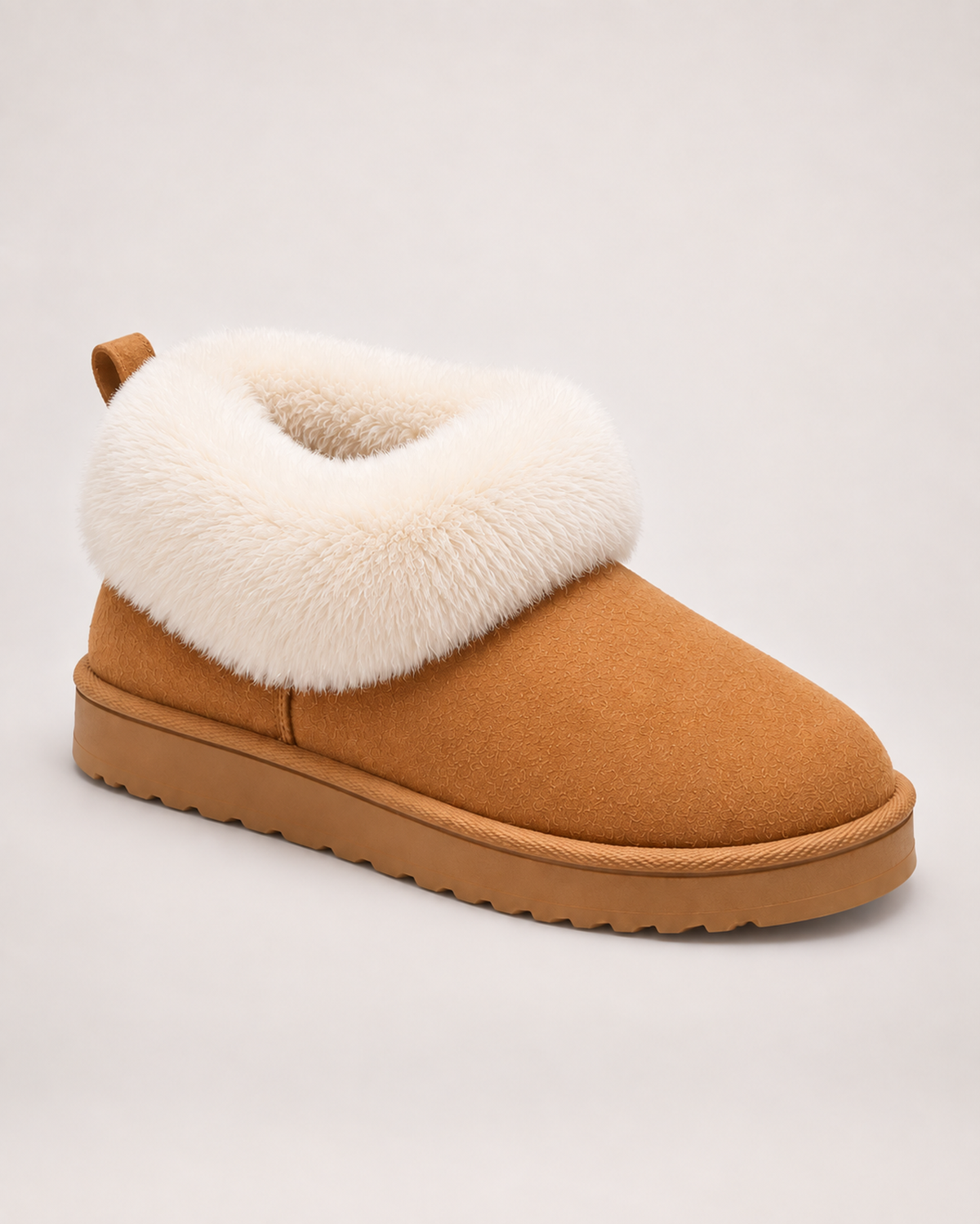 Women’s Slipper Boots with Fluffy Cuff and Platform Sole in Camel, single boot complementary angle view