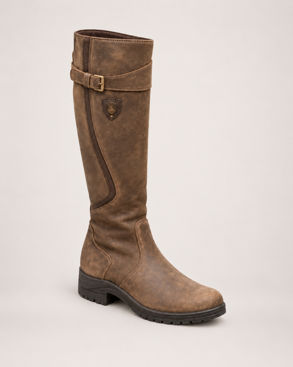 Women’s Riding Boots with Buckle Detail and Low Heel in Brown, single boot complementary angle view