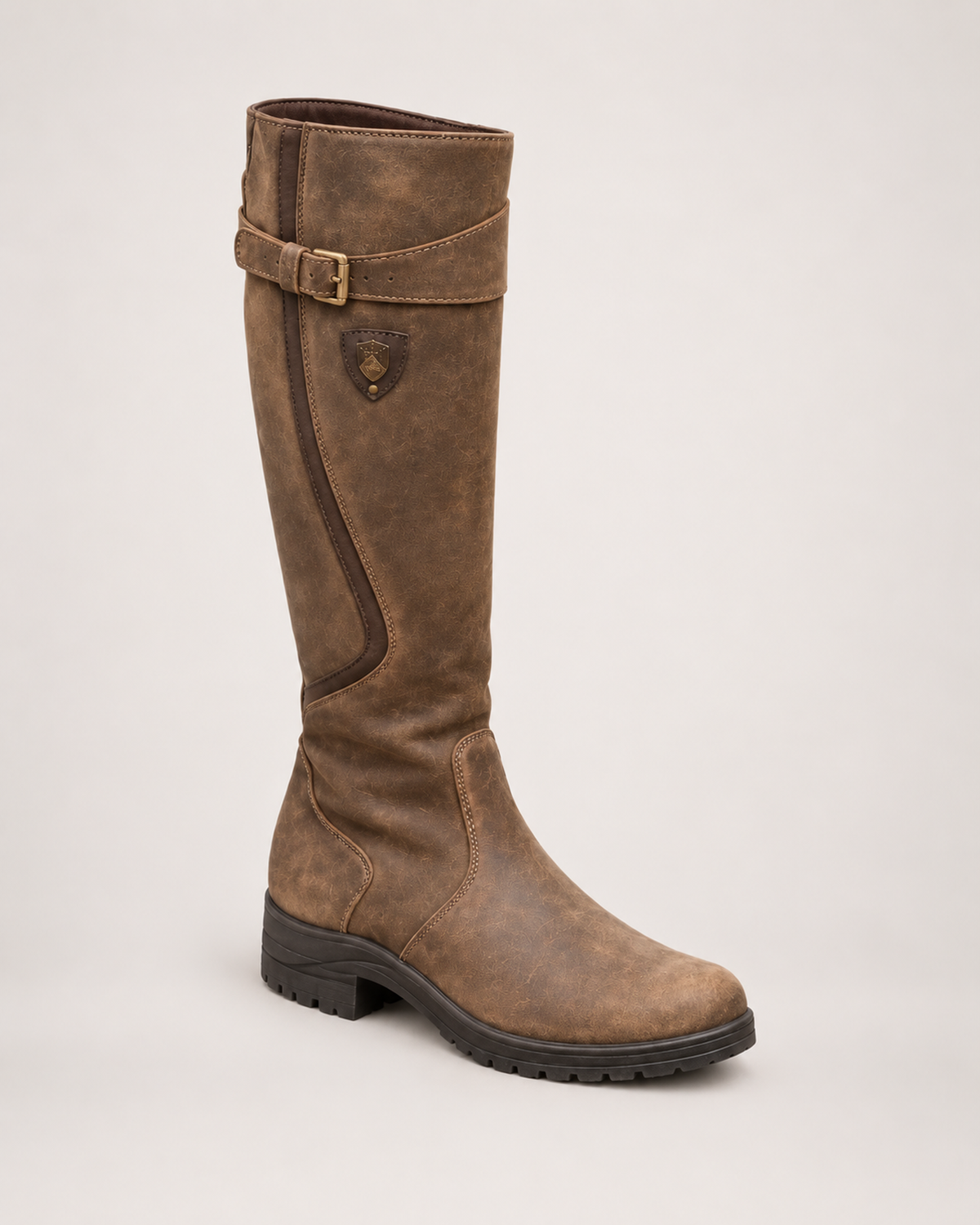 Women’s Riding Boots with Buckle Detail and Low Heel in Brown, single boot complementary angle view