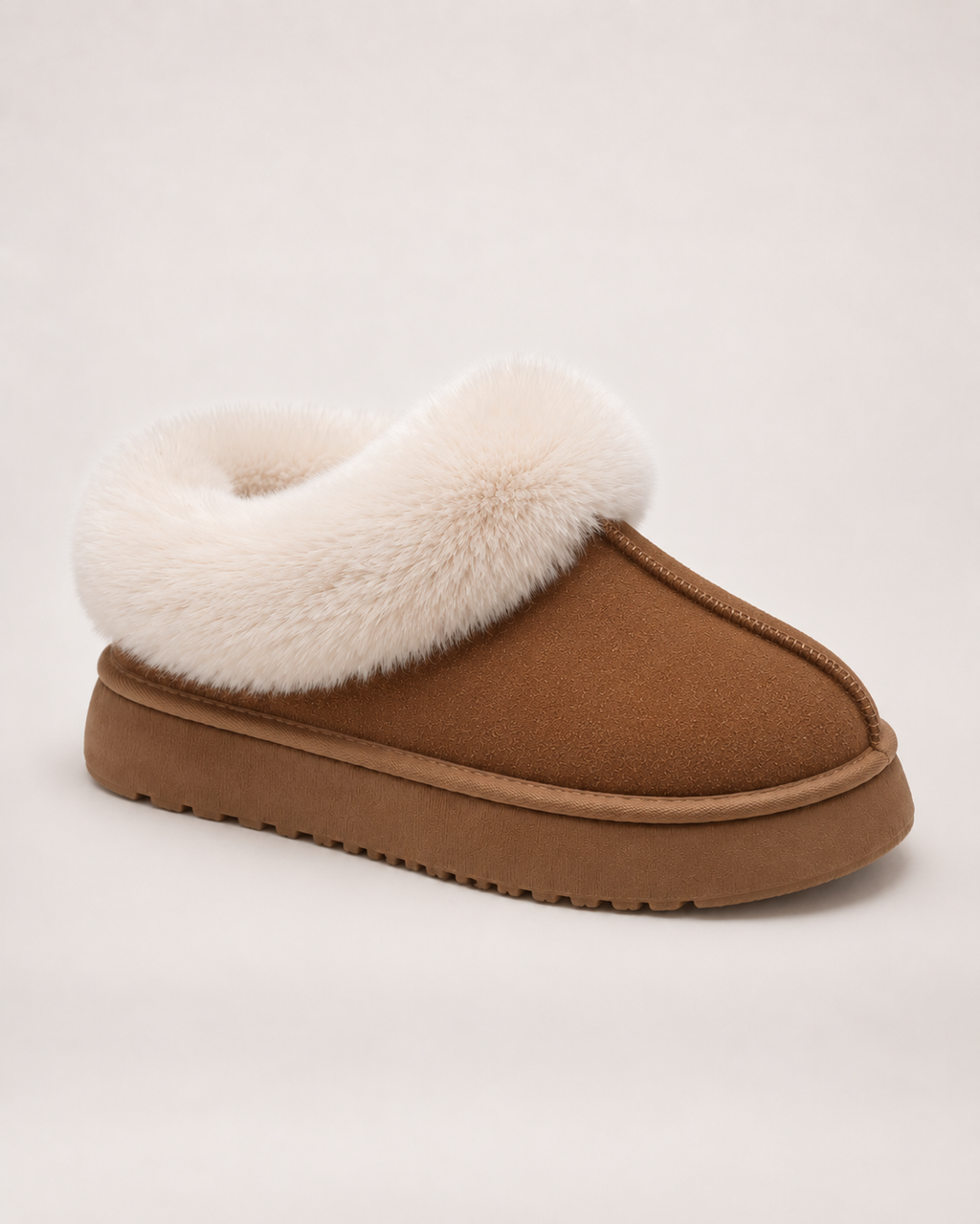 Women’s Platform Slippers with Fluffy Collar in Chestnut Brown, single boot complementary angle view