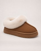 Women’s Platform Slippers with Fluffy Collar in Chestnut Brown, single boot complementary angle view