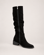 Women’s Knee High Boots with Low Heel and Side Zip in Black, single boot complementary angle view