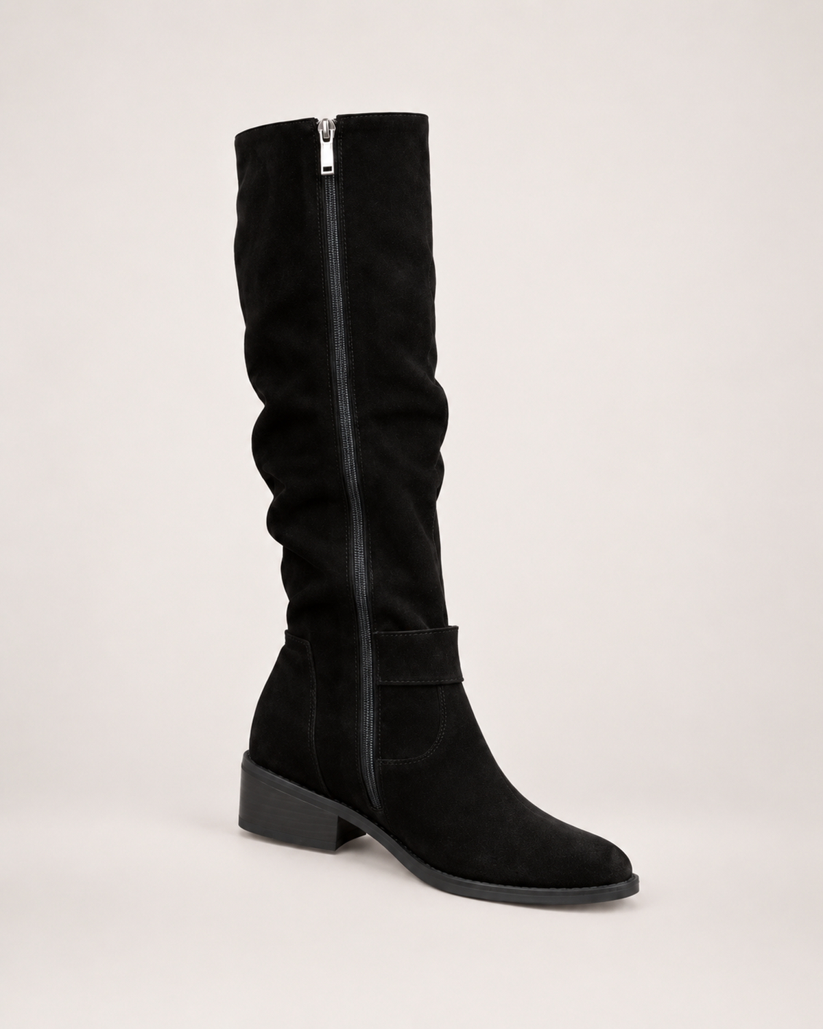 Women’s Knee High Boots with Low Heel and Side Zip in Black, single boot complementary angle view