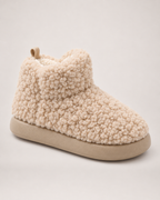 Women’s Slipper Boots with Fluffy Finish and Thick Sole in Light Brown, single boot complementary angle view