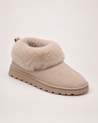 Women’s Slipper Boots with Fold-Down Fluffy Cuff in Taupe, single boot complementary angle view