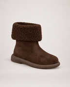 Women’s Mid Calf Boots with Fold-Down Fluffy Cuff in Dark Brown, single boot complementary angle view