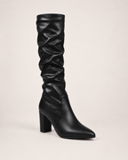 Women’s Knee High Boots with Pointed Toe and High Heel in Black, single boot complementary angle view