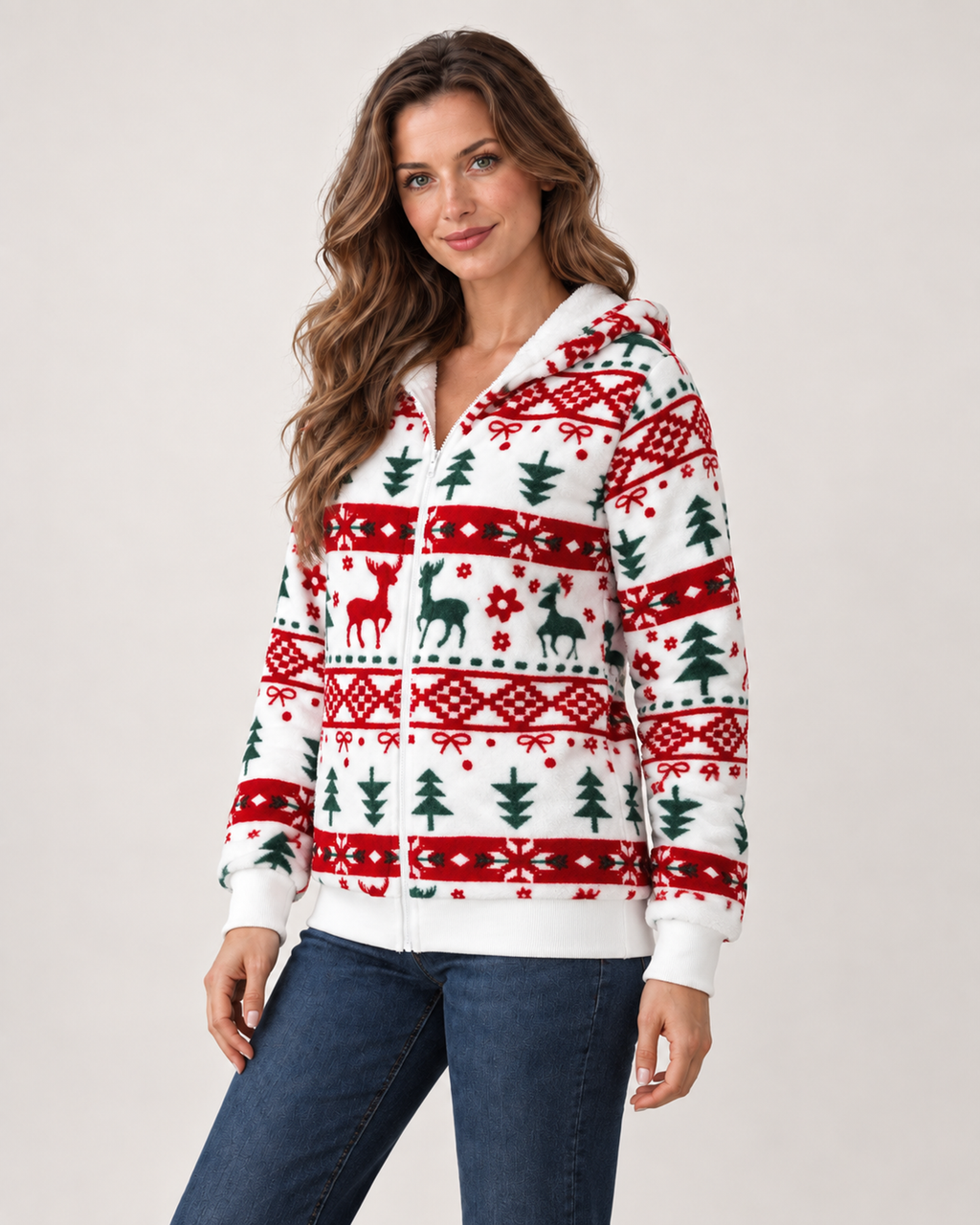 Women’s Christmas Cardigan with Hood and Zip Front in White, upper body product focus view