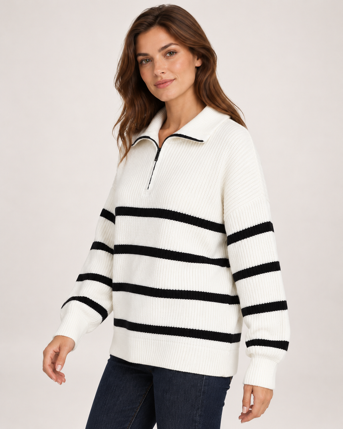 Women’s Striped Jumper with Half Zip Collar in White, upper body product focus view