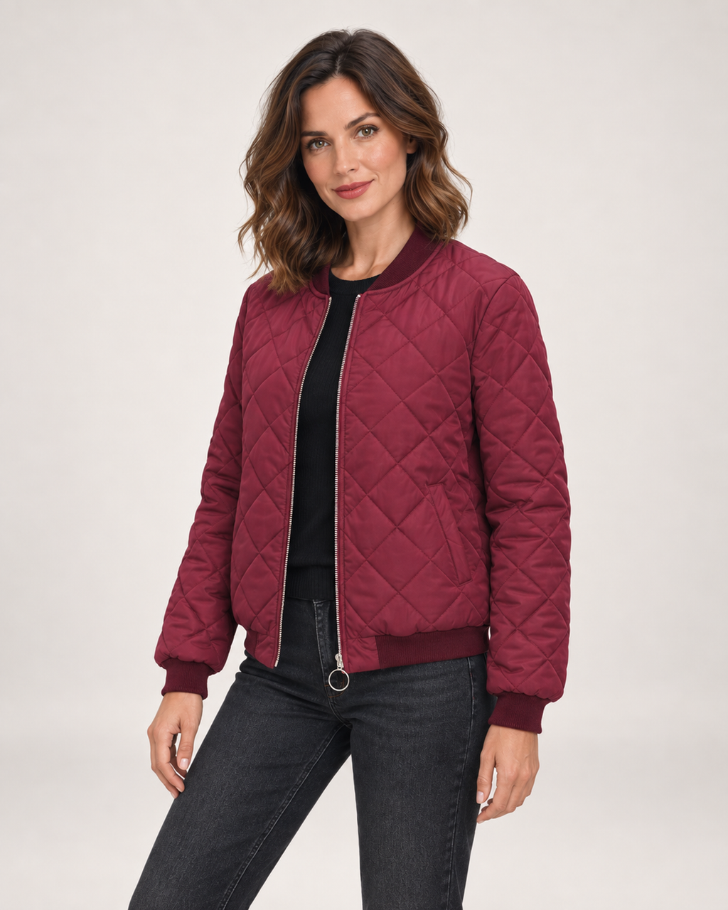 Women’s Quilted Jacket with Stand Collar in Wine Red, short outerwear product focus view