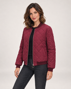 Women’s Quilted Jacket with Stand Collar in Wine Red, short outerwear product focus view