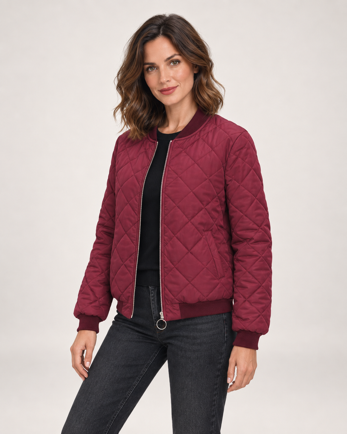 Women’s Quilted Jacket with Stand Collar in Wine Red, short outerwear product focus view