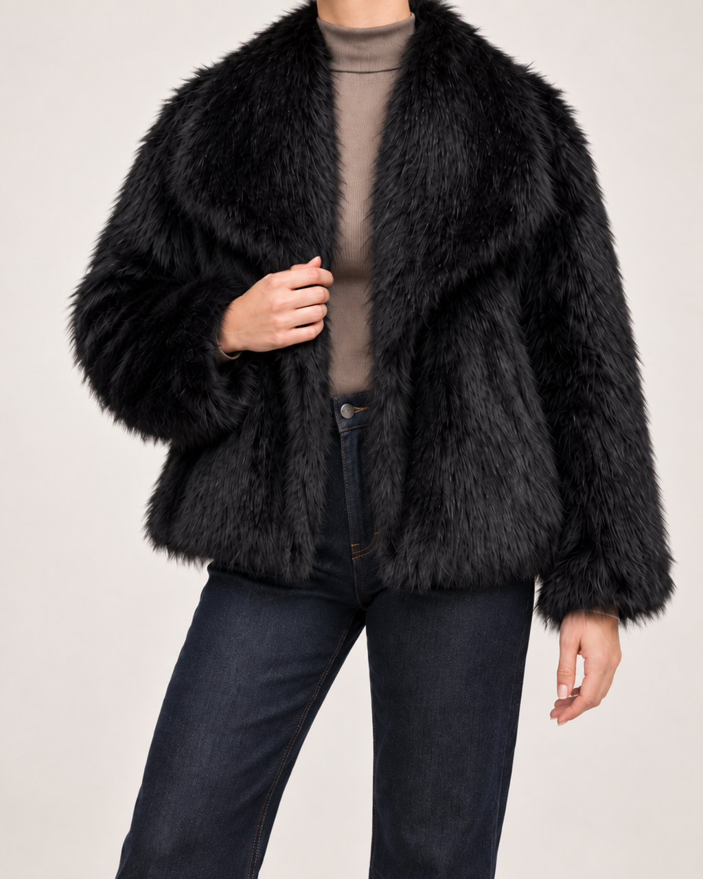 Women’s black faux fur jacket lapel and silhouette detail view