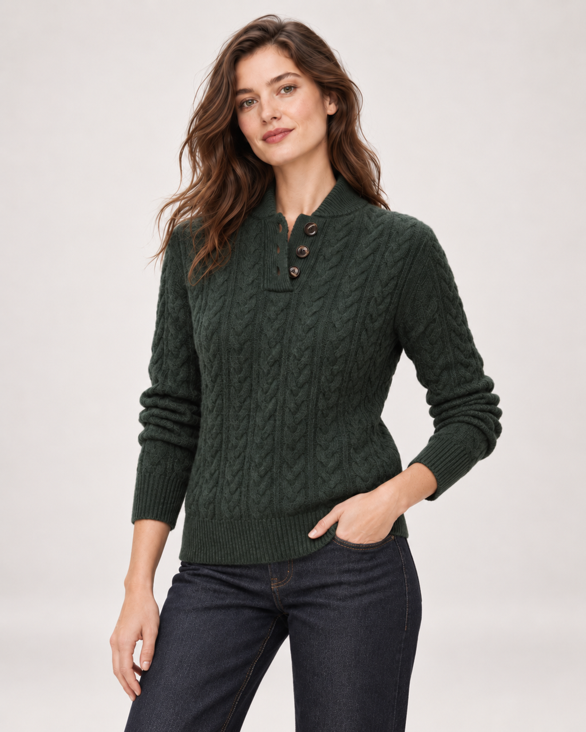 Women’s green cable knit jumper three quarter view